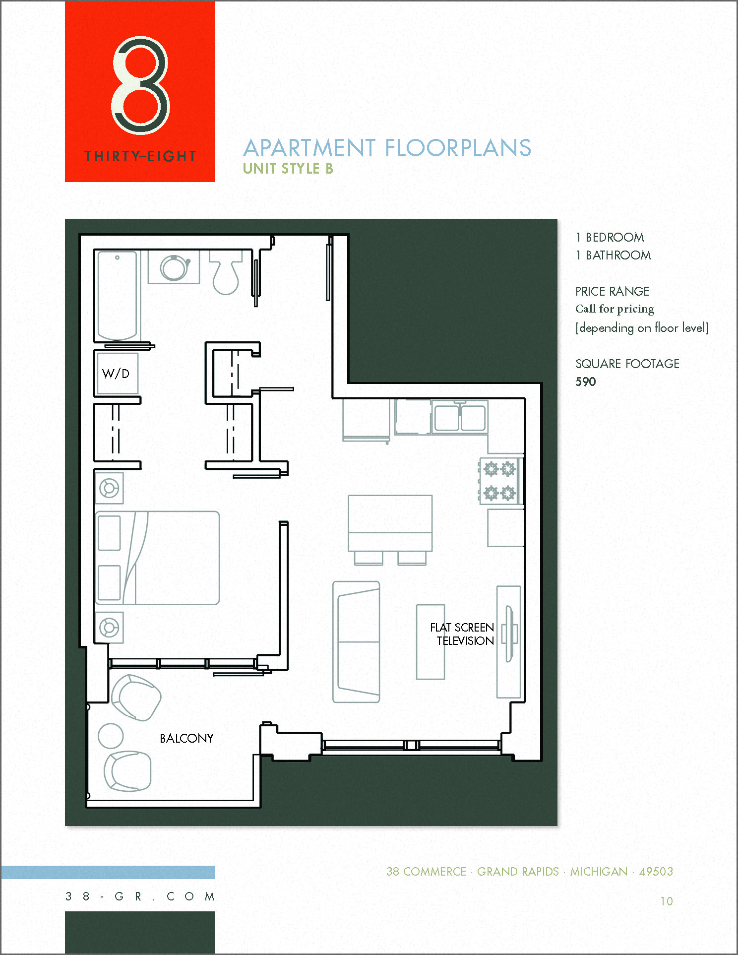 Floor plan for 1 bed, 1 bath, 590 sqft